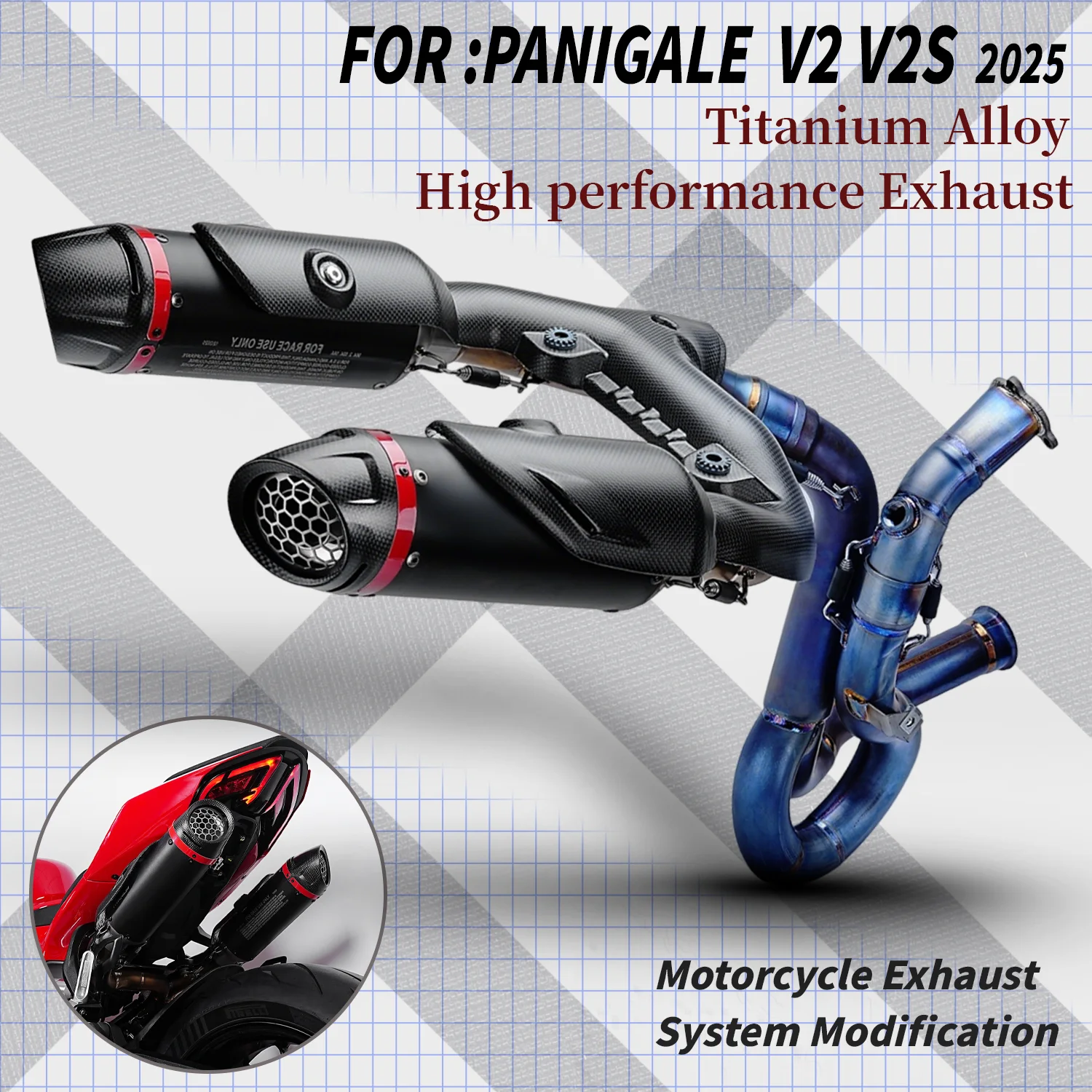For V2 Motorcycle exhaust full Ti. system modification with Temi High position dual muffler for Ducati panigale V2 2025-
For V2 Motorcycle exhaust full Ti. system modification with Temi High position dual muffler for Ducati panigale V2 2025-