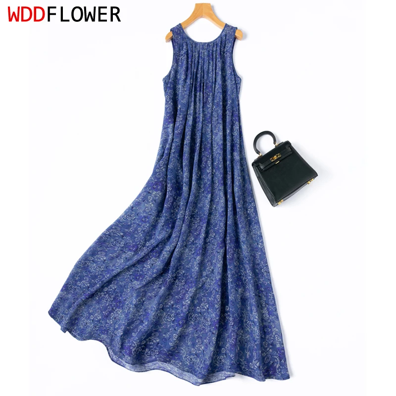 Women Silk Tank Dress 100% Mulberry Silk Loose Type Blue Floral Printed Sleeveless A-Line Long Type Big Hemline Midi Dress M1311
Women Silk Tank Dress 100% Mulberry Silk Loose Type Blue Floral Printed Sleeveless A-Line Long Type Big Hemline Midi Dress M1311