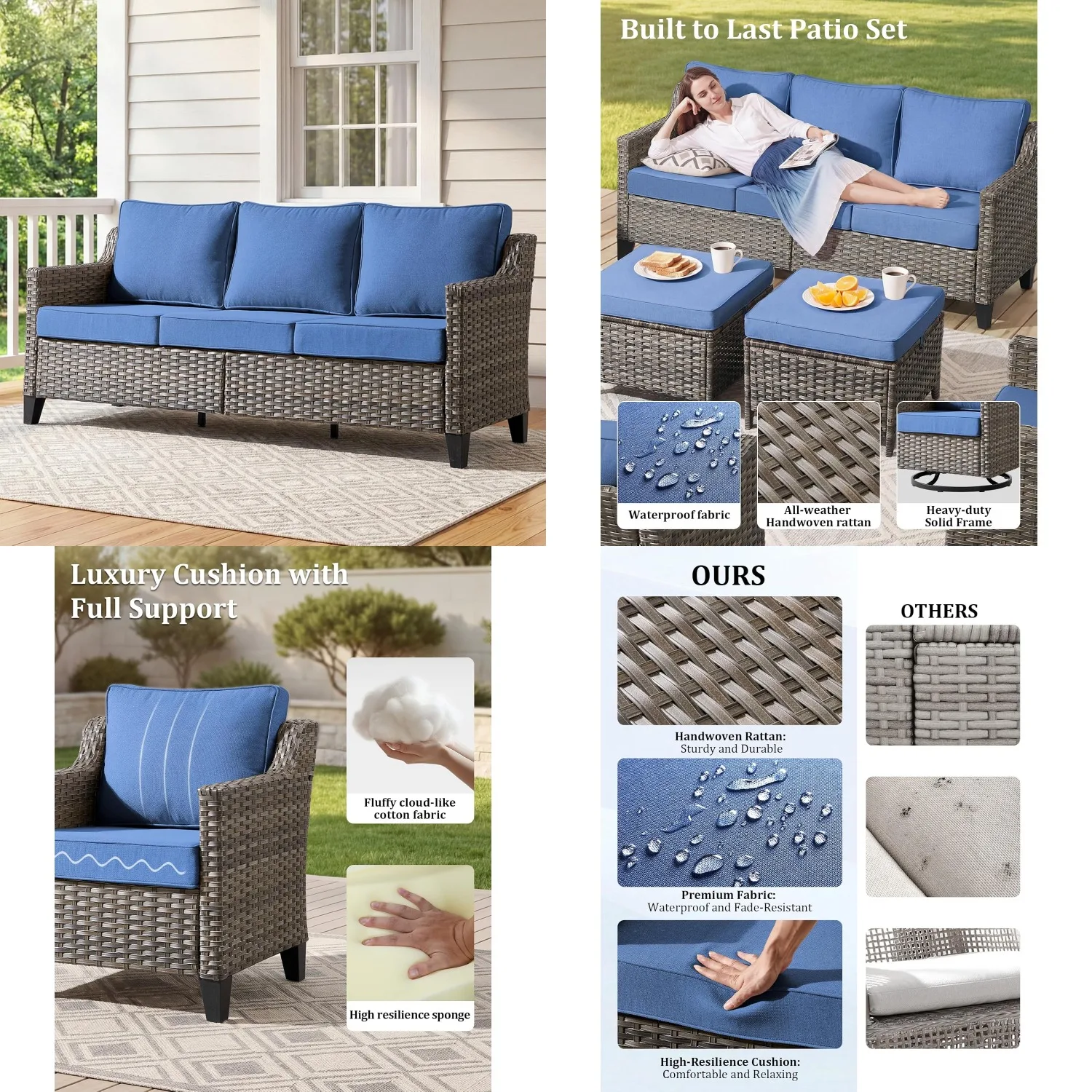 3-Seat Wattan Patio Sofa Deep Seating High Back 6" Cushion Outdoor Furniture Set Customized
3-Seat Wattan Patio Sofa Deep Seating High Back 6" Cushion Outdoor Furniture Set Customized