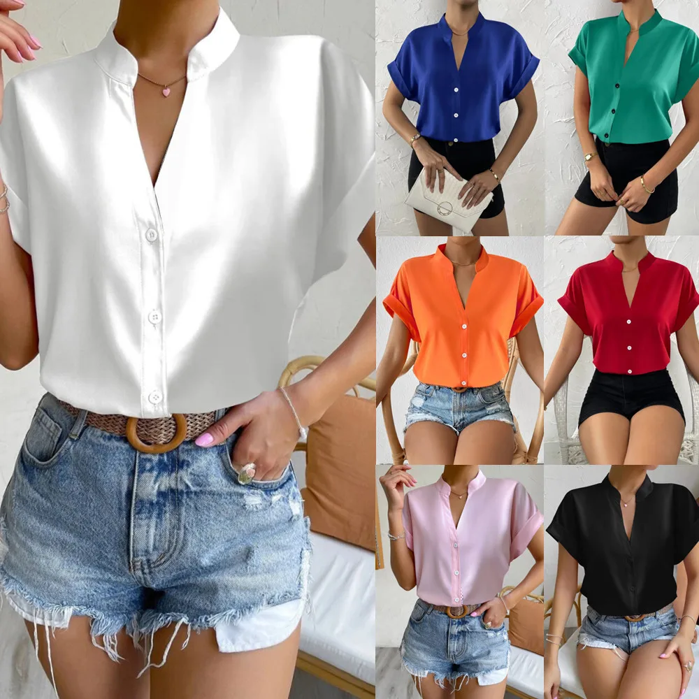 Wholesale New Arrival Lady Casual Short Sleeve V Neck T Shirts Women Summer Button up Blouse
Wholesale New Arrival Lady Casual Short Sleeve V Neck T Shirts Women Summer Button up Blouse
