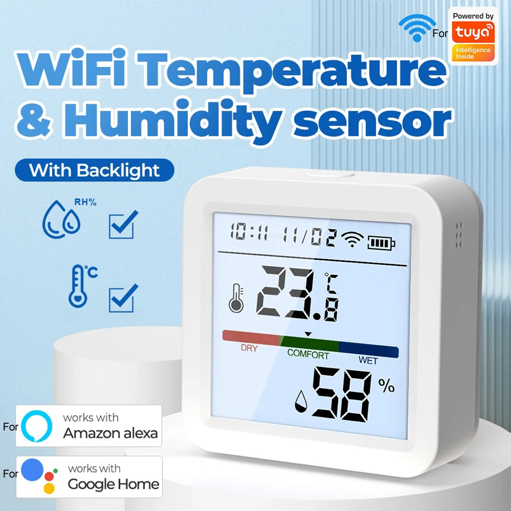 Smart Temperature Humidity Sensor For Tuya WIFI Hygrometer Thermometer Backlight -10℃ To 55℃ Works For Alexa For Google Home
Smart Temperature Humidity Sensor For Tuya WIFI Hygrometer Thermometer Backlight -10℃ To 55℃ Works For Alexa For Google Home