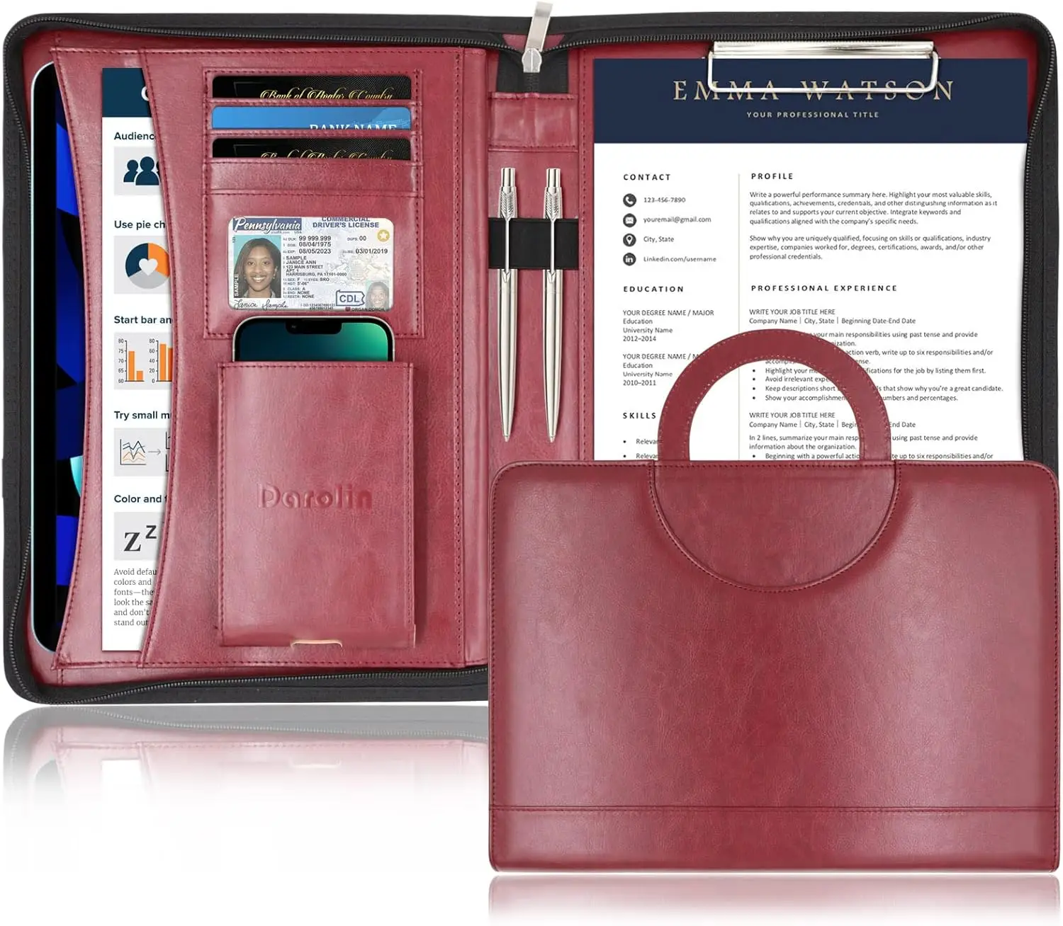 Zippered Leather Padfolio with Hidden Handle and Clipboard, Business Organizer Notepad Folder for Professionals
Zippered Leather Padfolio with Hidden Handle and Clipboard, Business Organizer Notepad Folder for Professionals