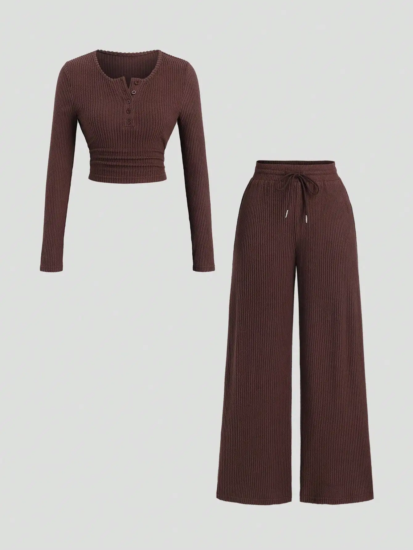 Женский комплект из двух предметов: укороченный топ-хенли и брюки с широкими штанинами, однотонный коричневый, повседневный комфорт
Женский комплект из двух предметов: укороченный топ-хенли и брюки с широкими штанинами, однотонный коричневый, повседневный комфорт