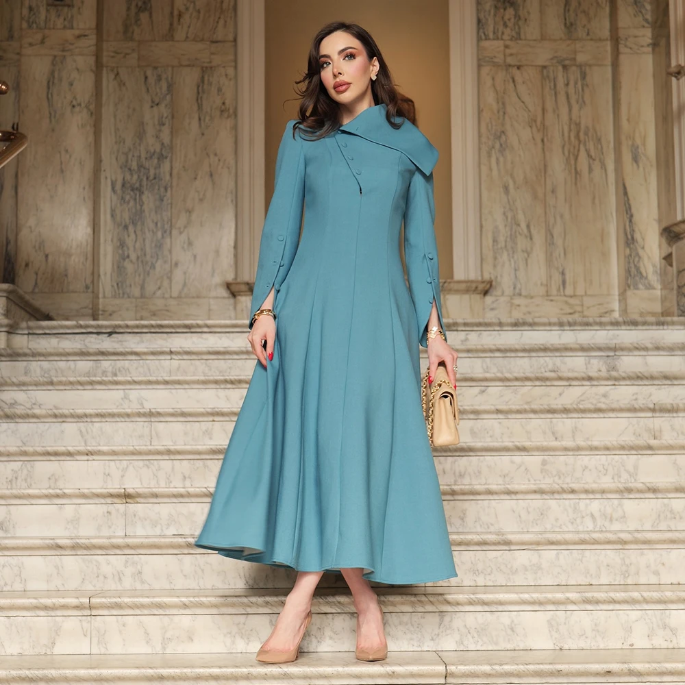 Midi Evening Dress Lake Blue A Line Long Sleeves Modern Women's Evening Gowns Tea Length Asymmetrical Neck Wedding Guest Dresses
Midi Evening Dress Lake Blue A Line Long Sleeves Modern Women's Evening Gowns Tea Length Asymmetrical Neck Wedding Guest Dresses