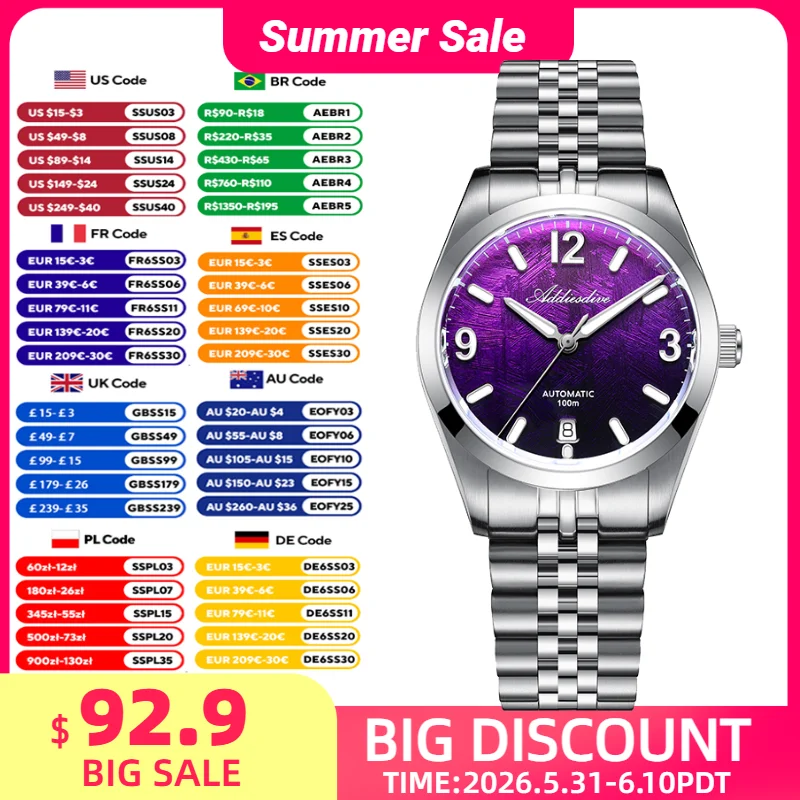 ADDIESDIVE 2026 New Men's Automatic Mechanical Watch 100m Waterproof Sapphire Crystal Calendar Super Luminous Dive Male Watches
ADDIESDIVE 2026 New Men's Automatic Mechanical Watch 100m Waterproof Sapphire Crystal Calendar Super Luminous Dive Male Watches