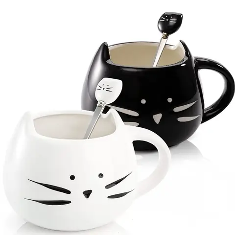 Tazze in ceramica per gatti carini con cucchiaio caffè tè latte tazze per animali con manico coppia in bianco e nero bicchieri da 400ml bei regali
