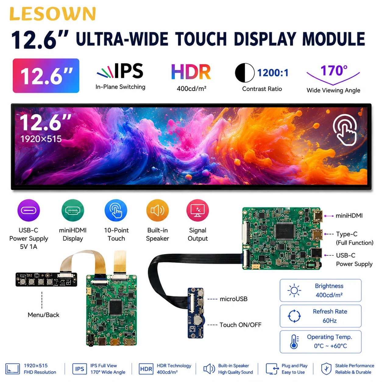LESOWN 12.6 Inch Módulo Pantalla LCD 1920x515 Bar Monitor Kit Driver-Free Mini HDTV Type-C Board 400cd Screen for Chassis
LESOWN 12.6 Inch Módulo Pantalla LCD 1920x515 Bar Monitor Kit Driver-Free Mini HDTV Type-C Board 400cd Screen for Chassis