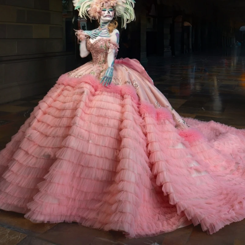 Pink Shiny Quinceanera Dresses Off The Shoulder Applique Lace Beading Crystal Bow Tiered Tull Corset Party Birthday Sweet 16
Pink Shiny Quinceanera Dresses Off The Shoulder Applique Lace Beading Crystal Bow Tiered Tull Corset Party Birthday Sweet 16