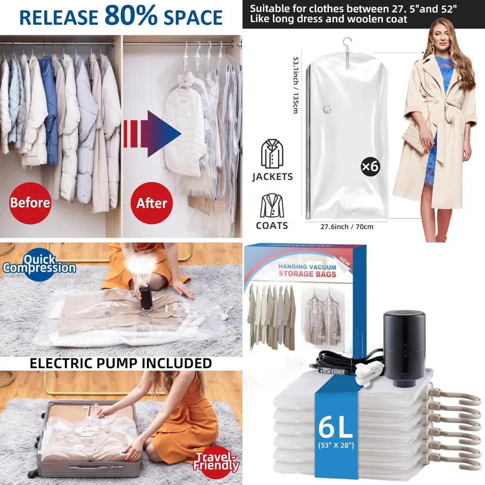 Набор из 6 вакуумных пакетов для хранения одежды с электрическим насосом, идеально подходит для костюмов, платьев и пиджаков
Набор из 6 вакуумных пакетов для хранения одежды с электрическим насосом, идеально подходит для костюмов, платьев и пиджаков