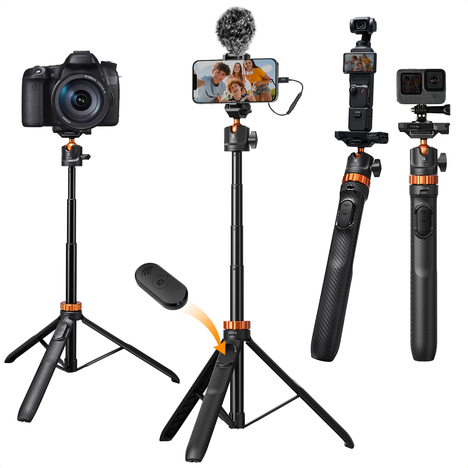K&F CONCEPT Phone Selfie Stick Tripod 2-in-1 Extendable Cell Phone Tripod Stand with Remote 360° Ball Head for DJI Osmo Pocket3
K&F CONCEPT Phone Selfie Stick Tripod 2-in-1 Extendable Cell Phone Tripod Stand with Remote 360° Ball Head for DJI Osmo Pocket3