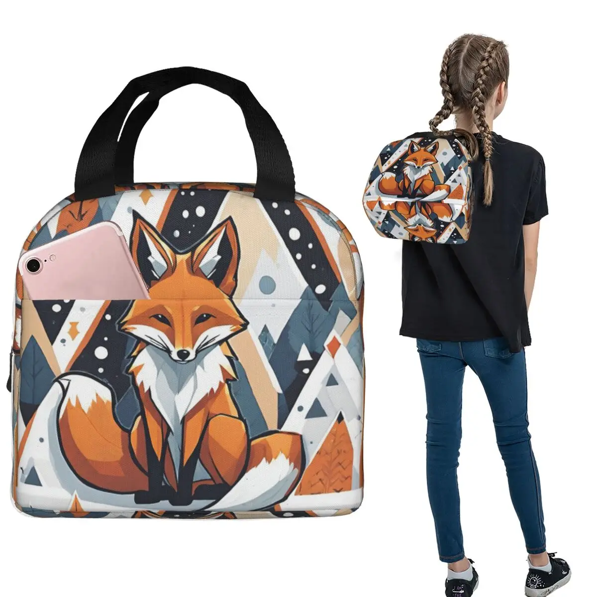 Smiling Geometric Fox Insulated Lunch Bag for Women Kids Portable Food Boxes Thermal Lunch Box Tote
Smiling Geometric Fox Insulated Lunch Bag for Women Kids Portable Food Boxes Thermal Lunch Box Tote