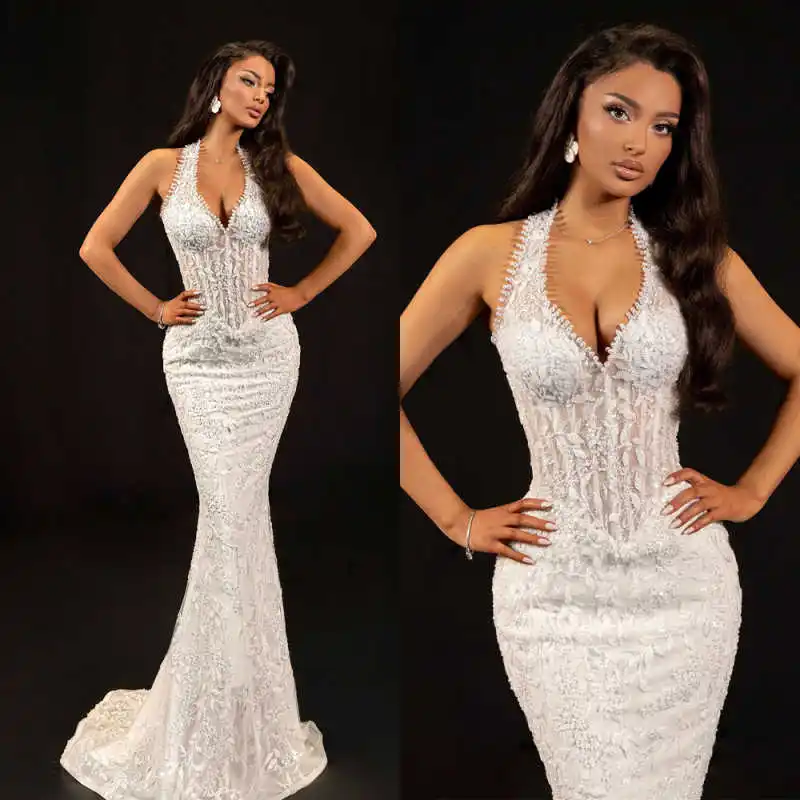 Customized African White Wedding Dress For Bride Lace Appliques Deep V Neck Black Girls Mermaid Bridal Gowns
Customized African White Wedding Dress For Bride Lace Appliques Deep V Neck Black Girls Mermaid Bridal Gowns