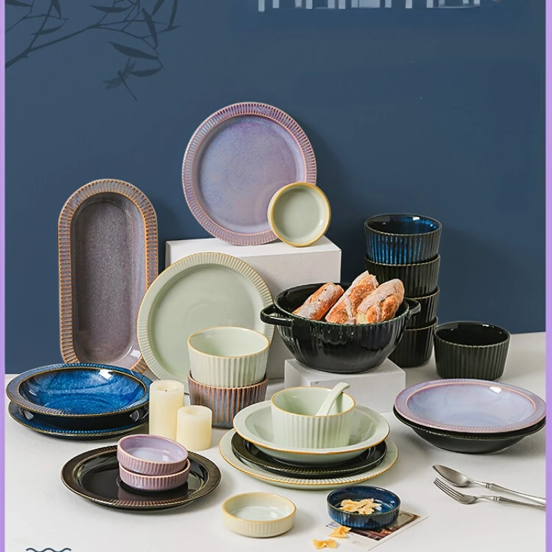 Tableware set, dishes, light luxury, personality, Nordic style, vertical stripes, retro underglaze colored ceramics for home use
Tableware set, dishes, light luxury, personality, Nordic style, vertical stripes, retro underglaze colored ceramics for home use