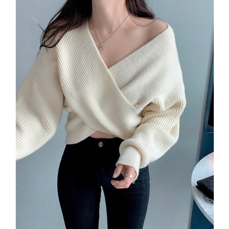 Korean Style V-neck Loose Knit Sweater Elegant Solid Color Long Sleeved Sweater Fashionable Cross Design Short Women's Sweater
Korean Style V-neck Loose Knit Sweater Elegant Solid Color Long Sleeved Sweater Fashionable Cross Design Short Women's Sweater