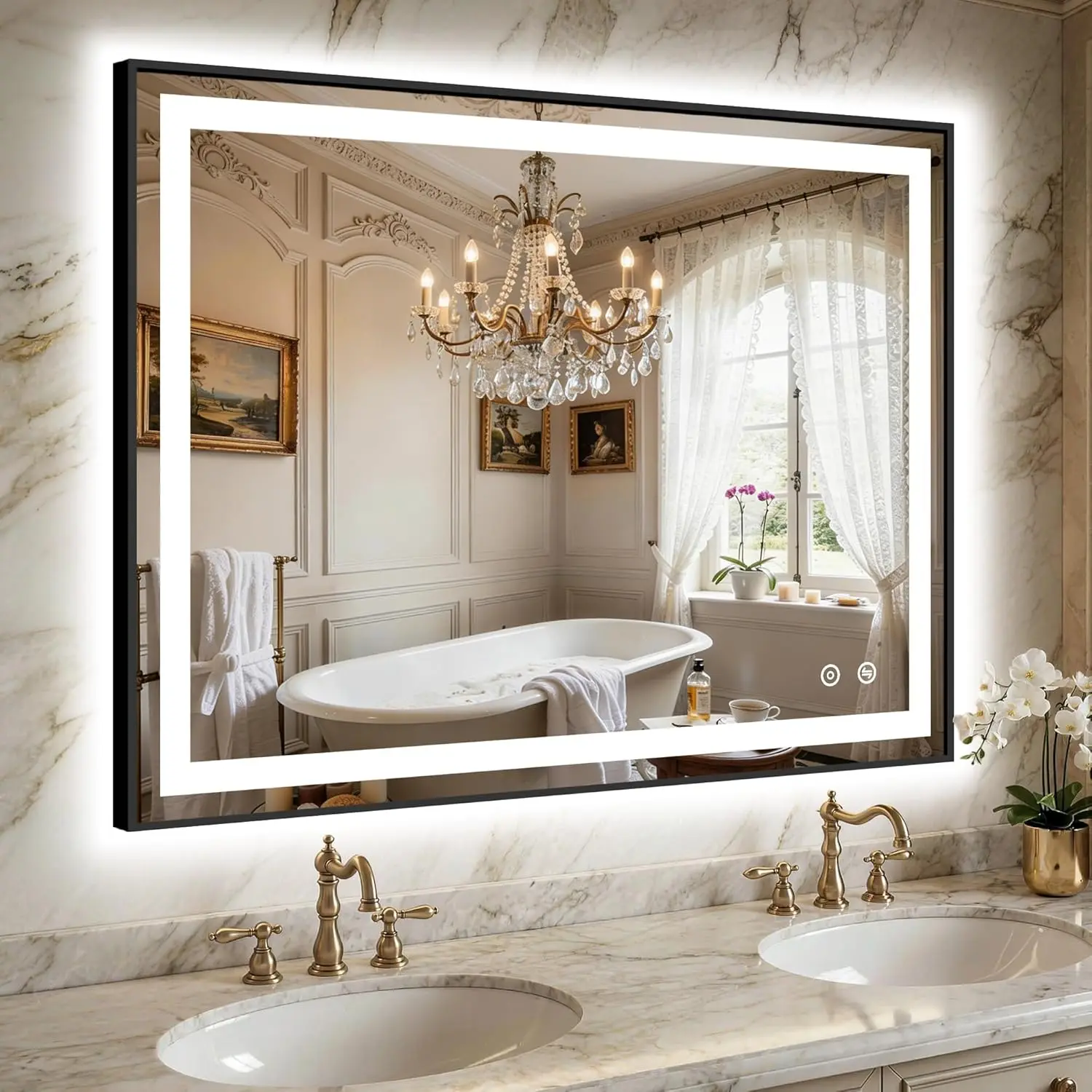 40x30 LED Bathroom Mirror, Black Frame, Anti-Fog, Dimmable 3 Colors, Memory, Shatterproof
40x30 LED Bathroom Mirror, Black Frame, Anti-Fog, Dimmable 3 Colors, Memory, Shatterproof