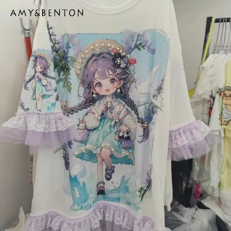 Summer Heavy Industry Beads Diamond Drills Korean Style Cartoon Girl Cool O-neck T-shirt Sweet Loose Lace Sleeves Top Clothes
Summer Heavy Industry Beads Diamond Drills Korean Style Cartoon Girl Cool O-neck T-shirt Sweet Loose Lace Sleeves Top Clothes