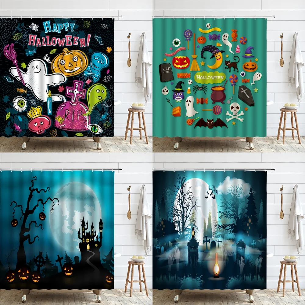 Happy Halloween Shower Curtain For Bathroom Decor Moon Night Castle Witch Pumpkin Ghosts Bats Skull Bath Curtains Fabric Screen
Happy Halloween Shower Curtain For Bathroom Decor Moon Night Castle Witch Pumpkin Ghosts Bats Skull Bath Curtains Fabric Screen