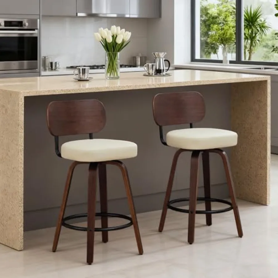 Набор из 2 поворотных барных стульев высотой 26 дюймов с спинкой из орехового дерева и ножками из гнутой древесины, обитые искусственной кожей, в стиле середины века
Набор из 2 поворотных барных стульев высотой 26 дюймов с спинкой из орехового дерева и ножками из гнутой древесины, обитые искусственной кожей, в стиле середины века