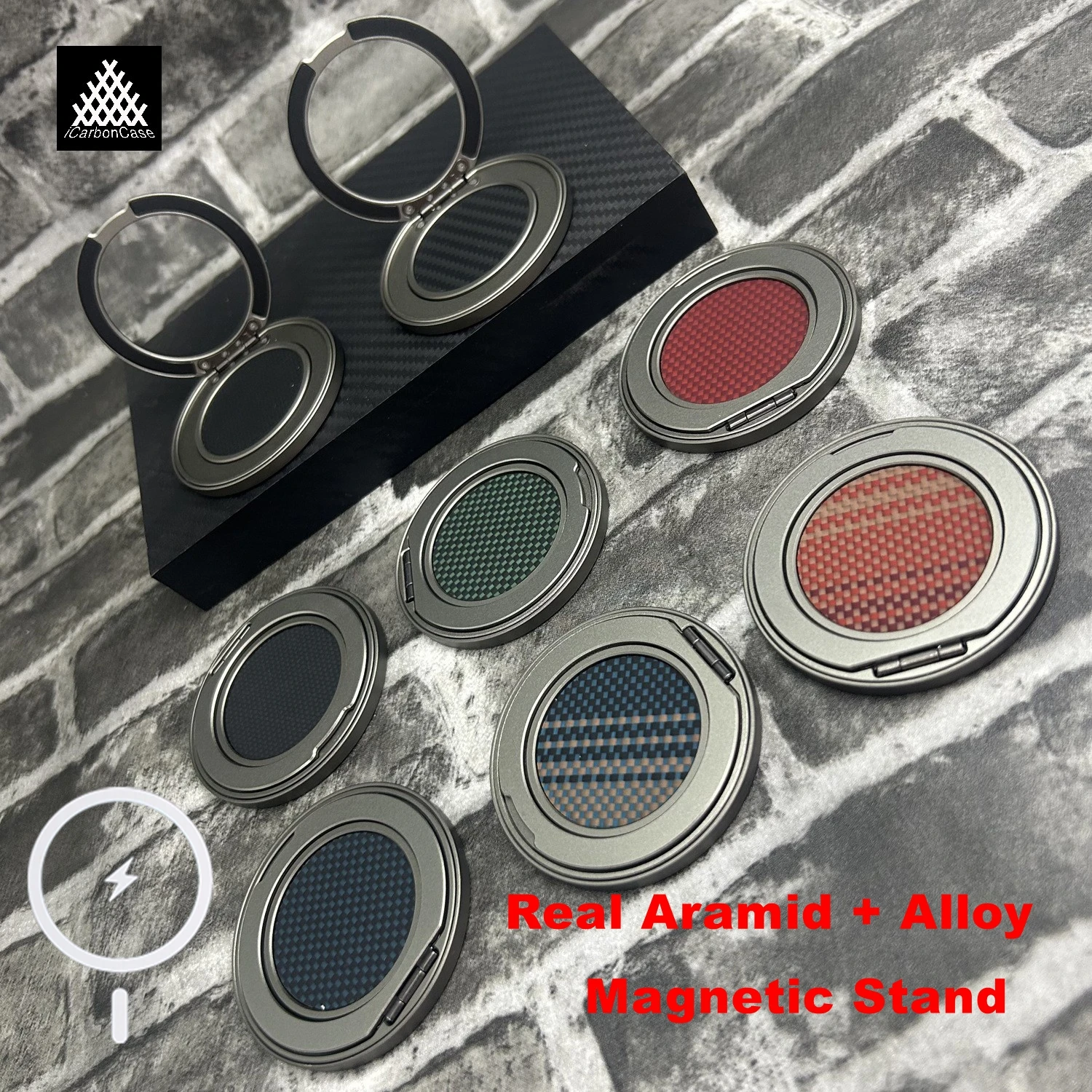 Genuine Aramid Fiber +Metal Alloy 360 Degree Rotation Magnetic Finger Ring Holder Phone Stand Works with Magsafe Car Holder
Genuine Aramid Fiber +Metal Alloy 360 Degree Rotation Magnetic Finger Ring Holder Phone Stand Works with Magsafe Car Holder