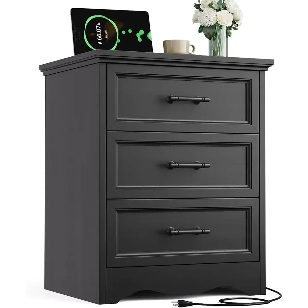 Black Nightstand with Charging Station, 19.7" armhouse End Table with 3 Ders Storage, Bede Table with Brushed Metal Handles, Uni
Black Nightstand with Charging Station, 19.7" armhouse End Table with 3 Ders Storage, Bede Table with Brushed Metal Handles, Uni
