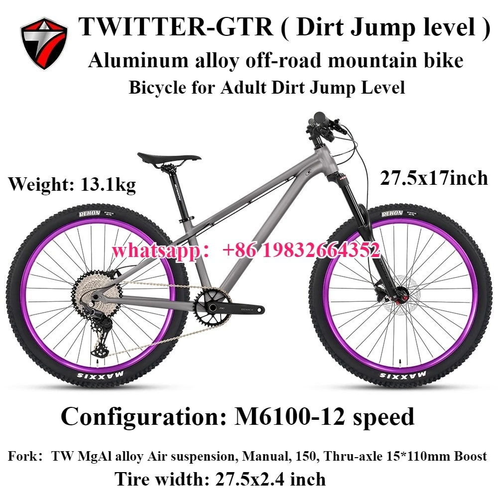 TWITTER GTR-Dirt Jump уровень 27,5x17 MTB из алюминиевого сплава внедорожный горный велосипед M6100-12S ширина шины 2,4 дюйма гидравлический дисковый тормоз
TWITTER GTR-Dirt Jump уровень 27,5x17 MTB из алюминиевого сплава внедорожный горный велосипед M6100-12S ширина шины 2,4 дюйма гидравлический дисковый тормоз