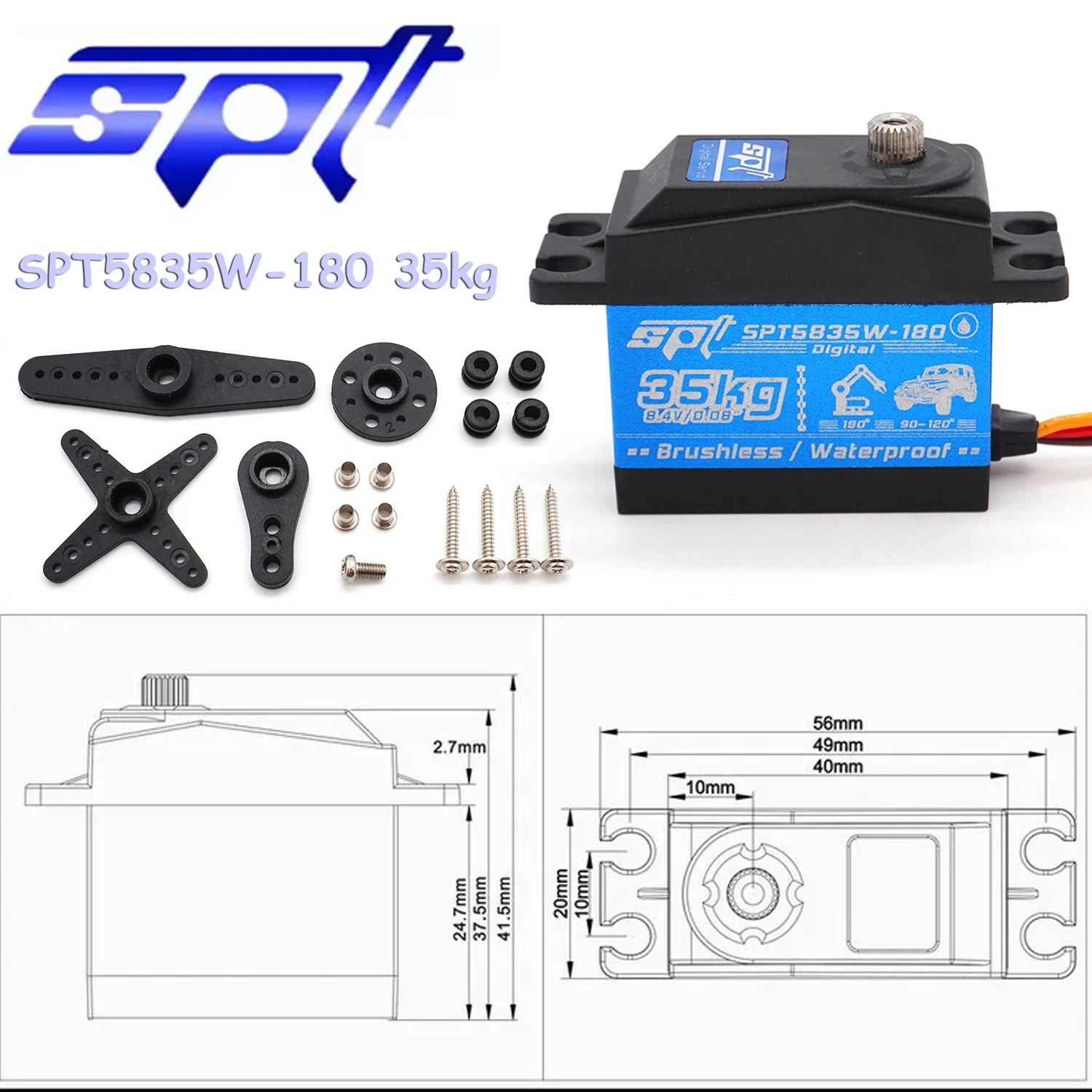SPT SPT5835W-180 35kg Waterproof High Speed Digital Brushless Servo Metal Gear for RC Crawler Climbing Car Fix-Wing Jet Robot
SPT SPT5835W-180 35kg Waterproof High Speed Digital Brushless Servo Metal Gear for RC Crawler Climbing Car Fix-Wing Jet Robot
