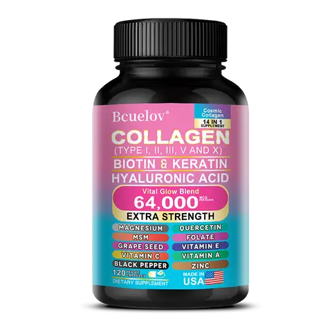 Collagen Peptides Types I, II, III, V & X, Biotin Keratin Hyaluronic Acid MSM Vitamins - Skin, Nails & Joint Health, Anti-Aging