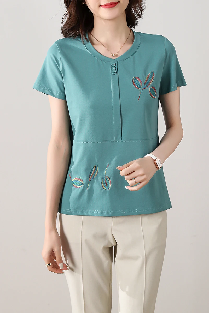 TuangBiang 2023 Summer Embroidery Leaf Loose Cotton T-Shirts Women Button O-Neck Elegant Tshirts Female M-4XL High Quality Tops
TuangBiang 2023 Summer Embroidery Leaf Loose Cotton T-Shirts Women Button O-Neck Elegant Tshirts Female M-4XL High Quality Tops