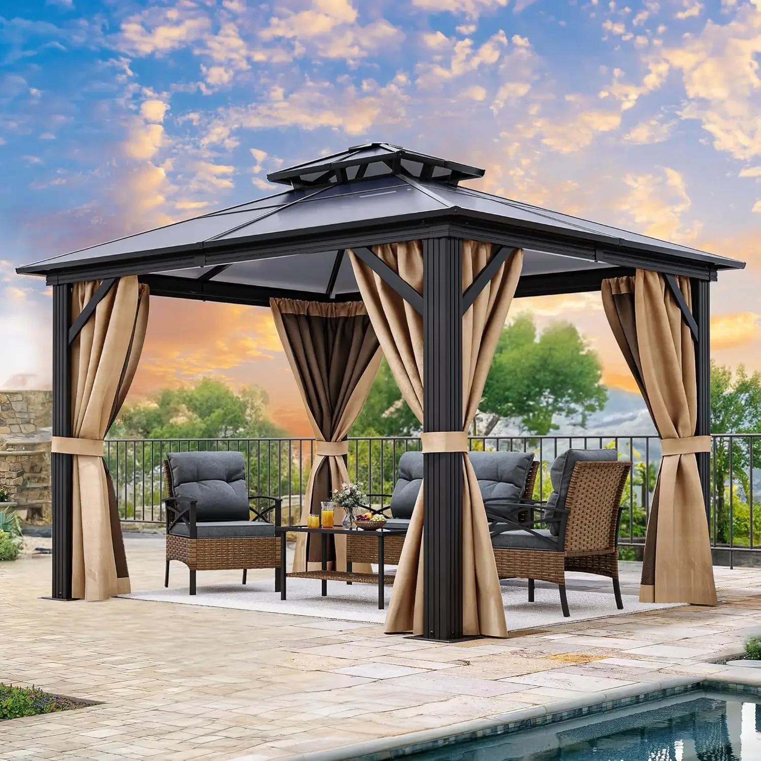 10x10FT Gazebo Hard-Top Double Roof Canopy Outdoor, Aluminum Frame Polycarbonate Hardtop Garden Tent for Patio
10x10FT Gazebo Hard-Top Double Roof Canopy Outdoor, Aluminum Frame Polycarbonate Hardtop Garden Tent for Patio