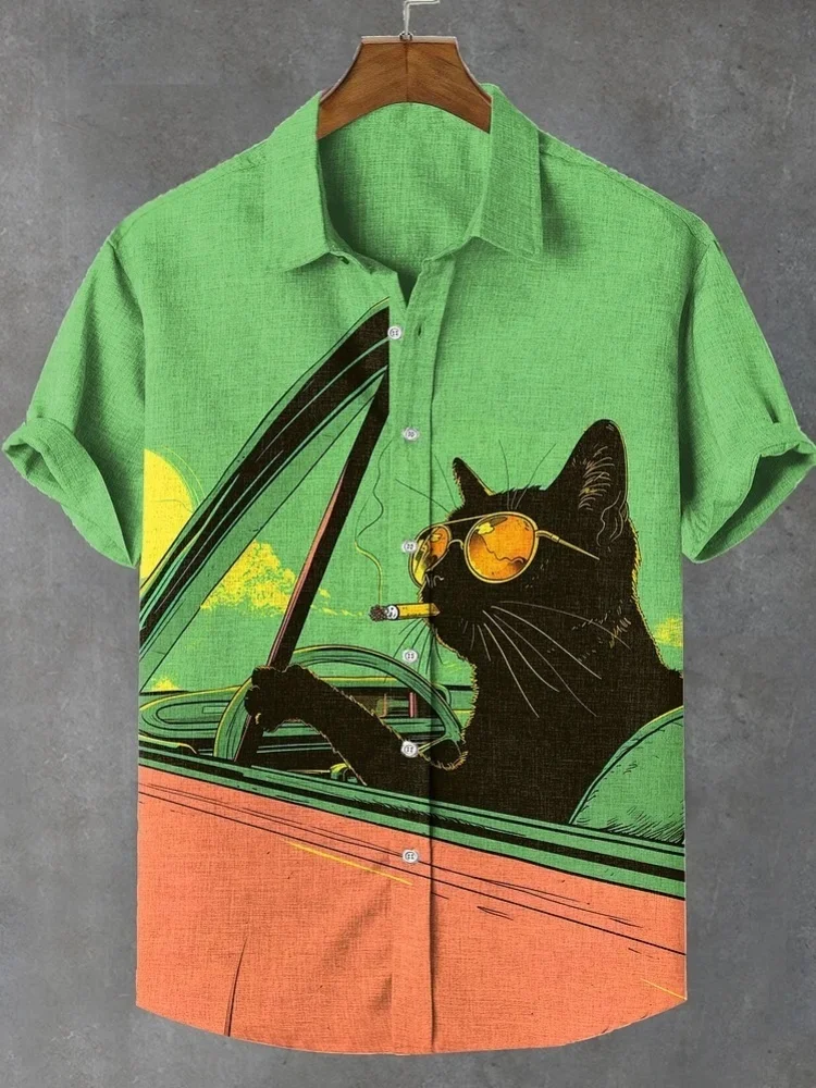 Мужская повседневная зеленая рубашка в стиле ретро для курения и вождения с черным котом, корейская легкая дышащая гавайская блузка на пуговицах 
Мужская повседневная зеленая рубашка в стиле ретро для курения и вождения с черным котом, корейская легкая дышащая гавайская блузка на пуговицах