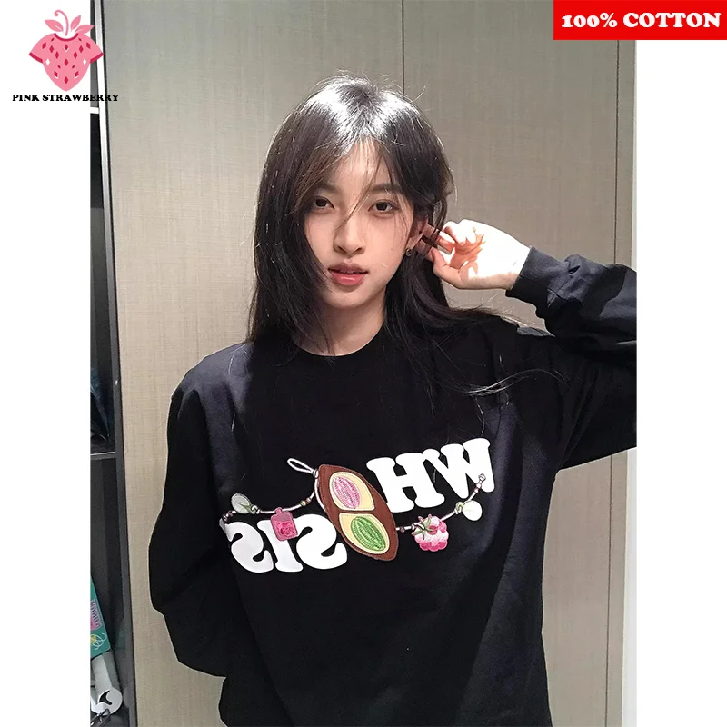 Funny Print Long sleeved T-shirt Women Autumn 2025 New 100% Cotton Black O-Neck Tee Loose Casual Y2k Tops Elegant women's shirt 
Funny Print Long sleeved T-shirt Women Autumn 2025 New 100% Cotton Black O-Neck Tee Loose Casual Y2k Tops Elegant women's shirt