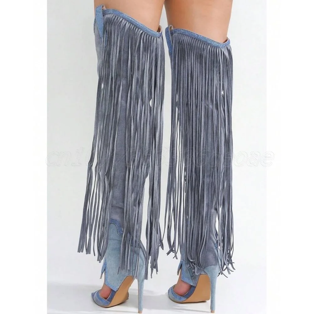 Tassels Decor Demin Sandal Boots Knee High Miter Shoes for Women Thin High Heels Fashion Lady Shoes 2025 Zapatos Para Mujere 
Tassels Decor Demin Sandal Boots Knee High Miter Shoes for Women Thin High Heels Fashion Lady Shoes 2025 Zapatos Para Mujere