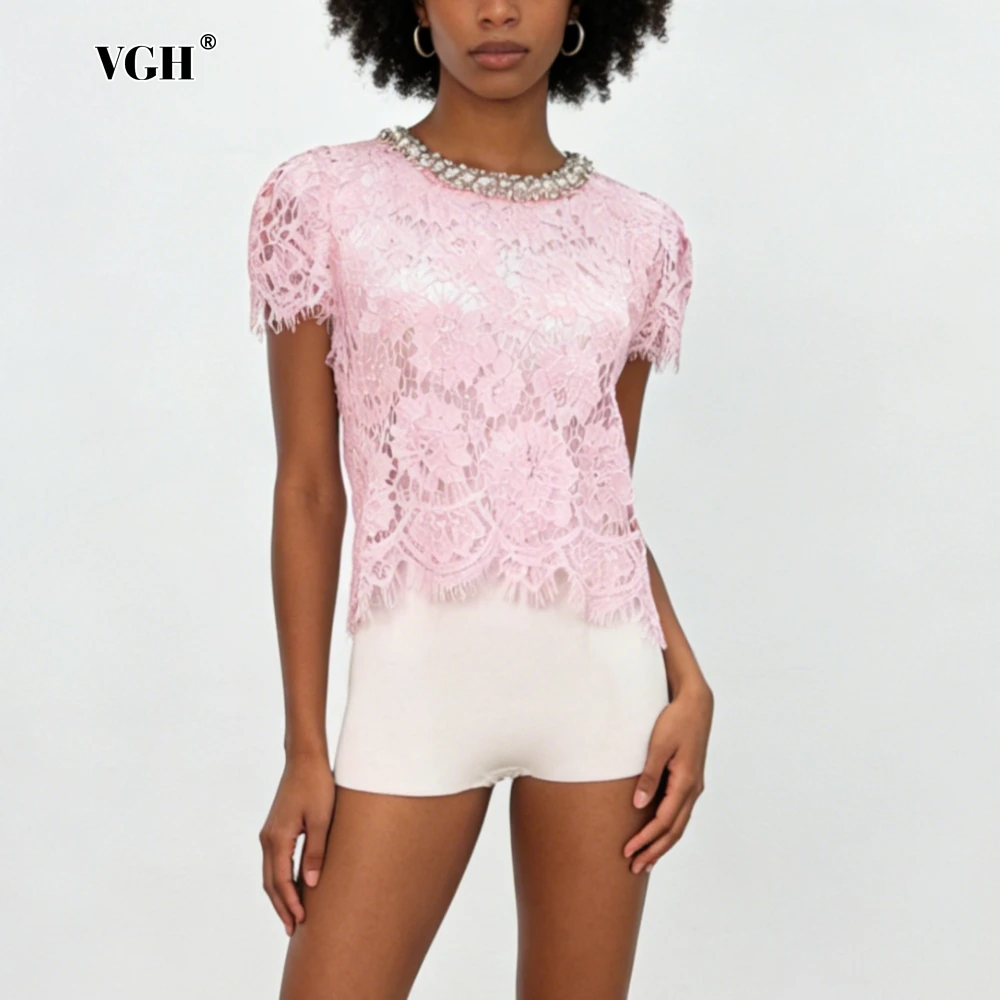 VGH Solid Loose Spliced Lace Chic T Shirts for Women O Neck Short Sleeve Gentle Commute T Shirt Female Summer Fashion New Style
VGH Solid Loose Spliced Lace Chic T Shirts for Women O Neck Short Sleeve Gentle Commute T Shirt Female Summer Fashion New Style