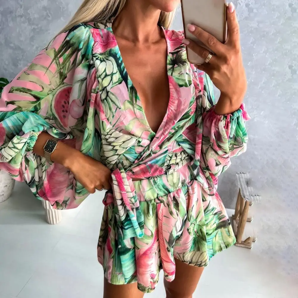 Deep V-Neck Belt Elastic Waistband Wide Leg Women Romper Flower Print Lantern Long Sleeve Casual Playsuit Jumpsuit Streetwear
Deep V-Neck Belt Elastic Waistband Wide Leg Women Romper Flower Print Lantern Long Sleeve Casual Playsuit Jumpsuit Streetwear