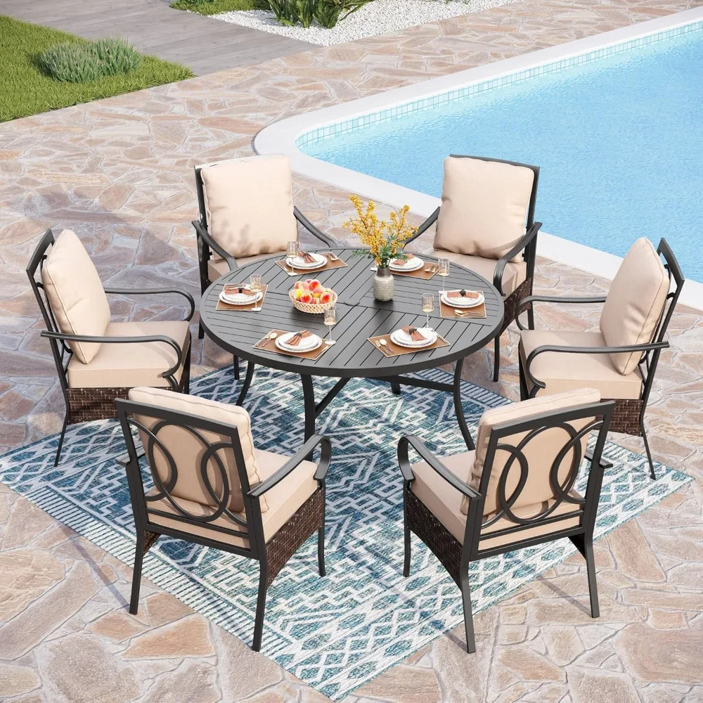 7 Pieces Patio Dining Set, Outdoor Round Table and Chairs for 6, 52 Round Dining Table with Umbrella Hole & 6 Heavy Me
7 Pieces Patio Dining Set, Outdoor Round Table and Chairs for 6, 52 Round Dining Table with Umbrella Hole & 6 Heavy Me
