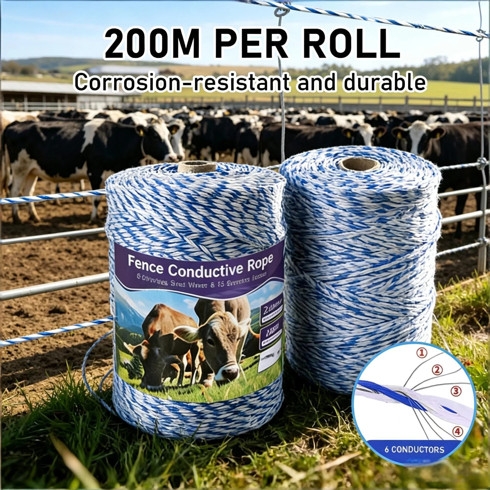 Farm Electric Fence Rope 200M 2mm 6 Conductive Steel Wires Durable Blue White for Cattle Sheep Horse Livestock Protection Use
Farm Electric Fence Rope 200M 2mm 6 Conductive Steel Wires Durable Blue White for Cattle Sheep Horse Livestock Protection Use