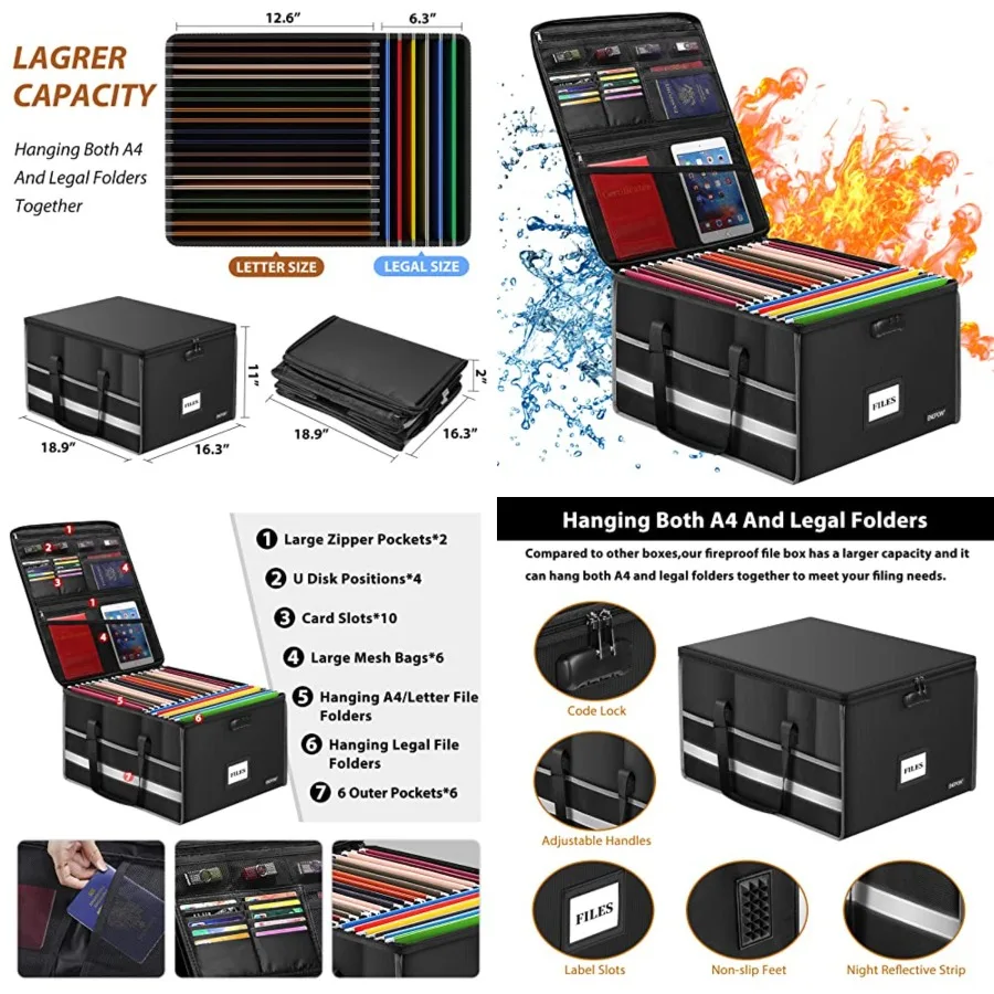Fireproof Document Box with Lock, File Storage Organizer Box with Inserts &Mesh Pockets, Collapsible Portable Large Filing Cabi
Fireproof Document Box with Lock, File Storage Organizer Box with Inserts &Mesh Pockets, Collapsible Portable Large Filing Cabi