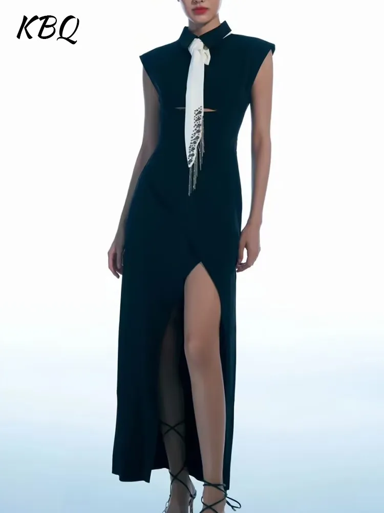 KBQ Solid Split Hollow Out Dress For Women Lapel Sleeveless High Waist Spliced Tassel Temperament Slim Dresses Female Clothing
KBQ Solid Split Hollow Out Dress For Women Lapel Sleeveless High Waist Spliced Tassel Temperament Slim Dresses Female Clothing
