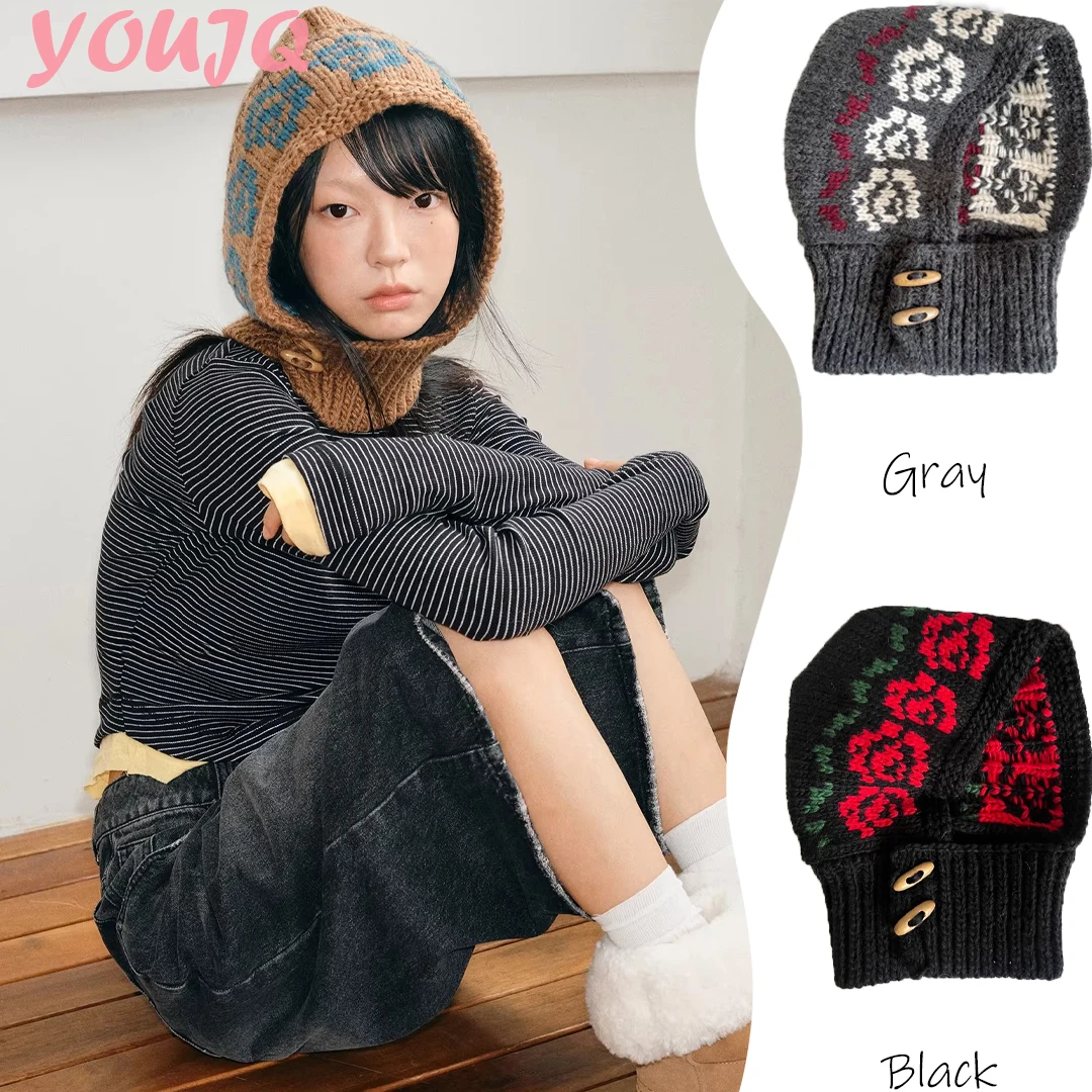 Y2K Korean Crochet Wool Blended Rose Jacquard Horn Button Balaclava Hats for Women Winter Warm Hooded Scarf Beanies Caps Gorras
Y2K Korean Crochet Wool Blended Rose Jacquard Horn Button Balaclava Hats for Women Winter Warm Hooded Scarf Beanies Caps Gorras