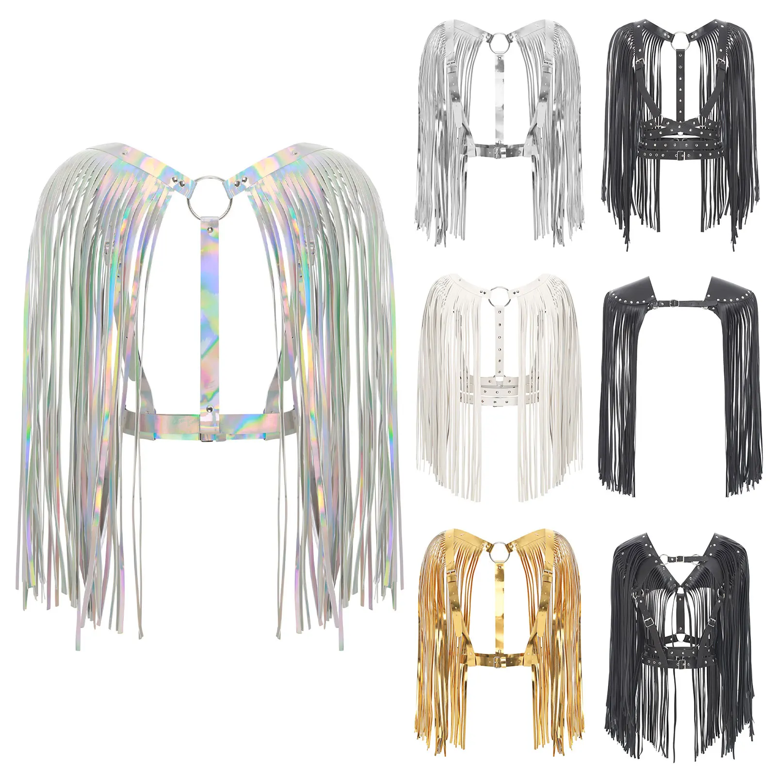 Women Men PU Leather Rivets Tassels Body Chest Adjustable Shoulder Buckle Straps Top for Cosplay Theme Party Performance Costume
Women Men PU Leather Rivets Tassels Body Chest Adjustable Shoulder Buckle Straps Top for Cosplay Theme Party Performance Costume