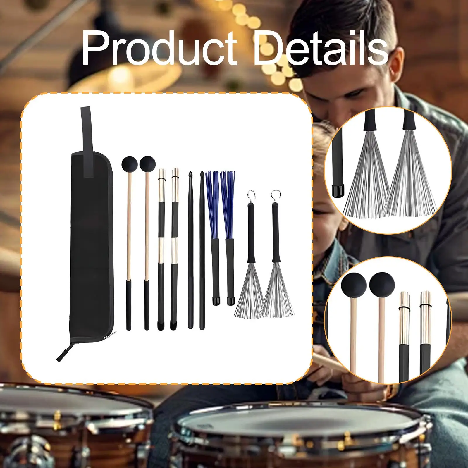 Drum Sticks Set with Metal Brushes and Mallets Drum Accessories Percussion Rods for Practice Studio Performance
Drum Sticks Set with Metal Brushes and Mallets Drum Accessories Percussion Rods for Practice Studio Performance