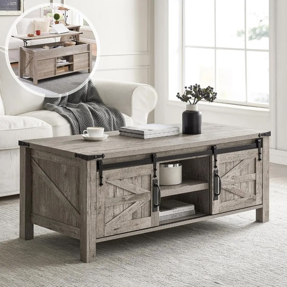 48" Farmhouse Lift Top Coffee Table with Sliding Barn Door, Rustic Center Table w/Hidden Storage Compartment, Lift Tabletop Din
48" Farmhouse Lift Top Coffee Table with Sliding Barn Door, Rustic Center Table w/Hidden Storage Compartment, Lift Tabletop Din
