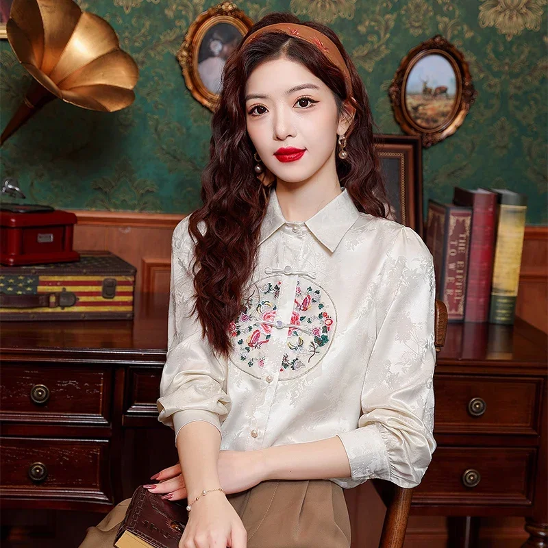 Satin Chinese Style Blouses for Women, Embroidery, Loose Silk, Vintage Clothing, Long Sleeves, Spring, Summer 2024 Korean
Satin Chinese Style Blouses for Women, Embroidery, Loose Silk, Vintage Clothing, Long Sleeves, Spring, Summer 2024 Korean