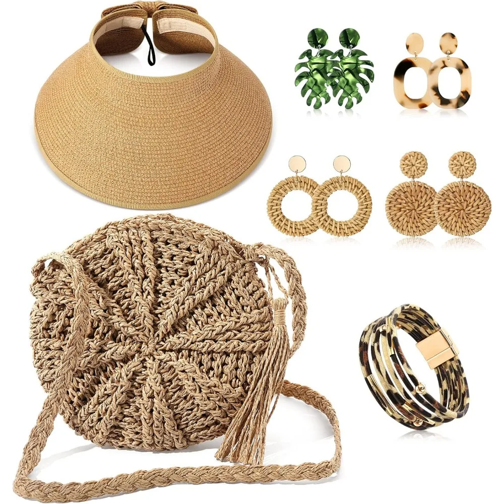 7 Piece Straw Clutch Jewelry Set with Beach Hat Bracelet Tropical Earrings for Summer Boho Travel
7 Piece Straw Clutch Jewelry Set with Beach Hat Bracelet Tropical Earrings for Summer Boho Travel