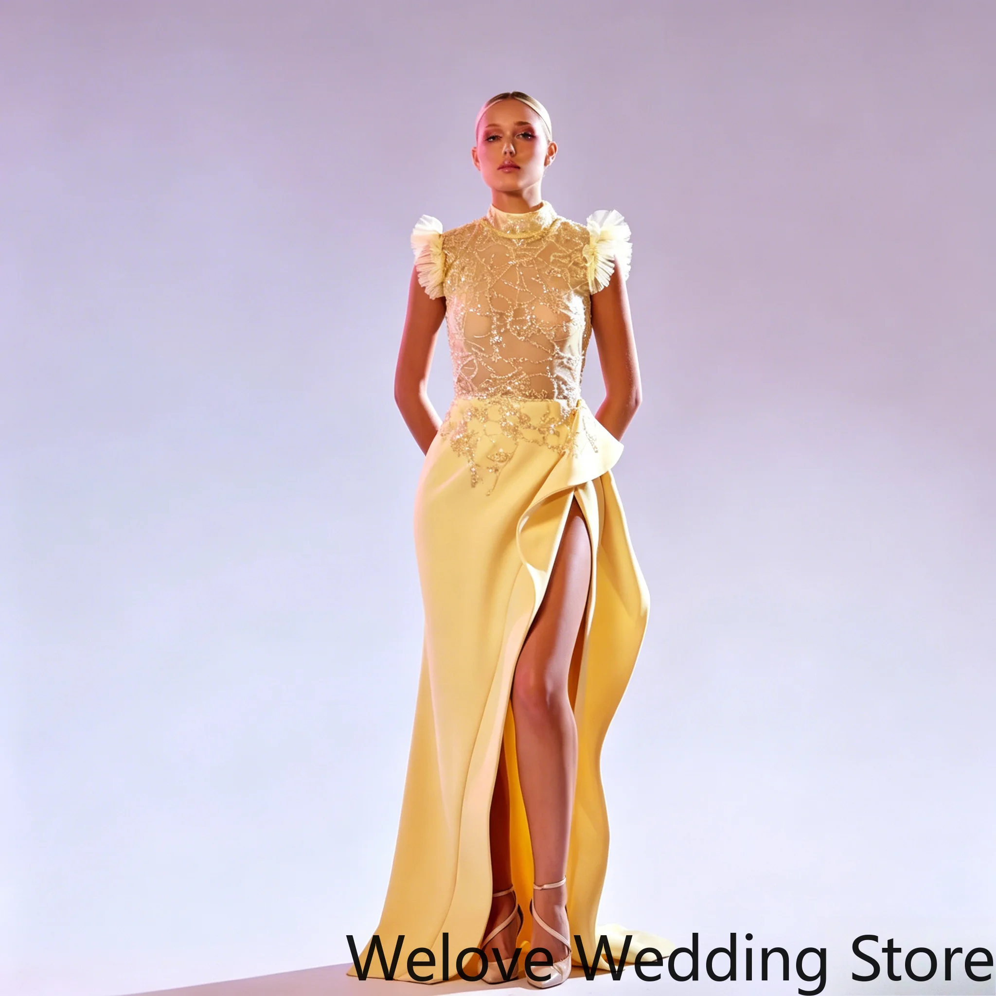 Yellow Luxury Formal Evening Dress with High Neck, Delicate Feather Shoulder Trim, Hand‑Set Rhinestone Beaded Sheer Bodice
Yellow Luxury Formal Evening Dress with High Neck, Delicate Feather Shoulder Trim, Hand‑Set Rhinestone Beaded Sheer Bodice