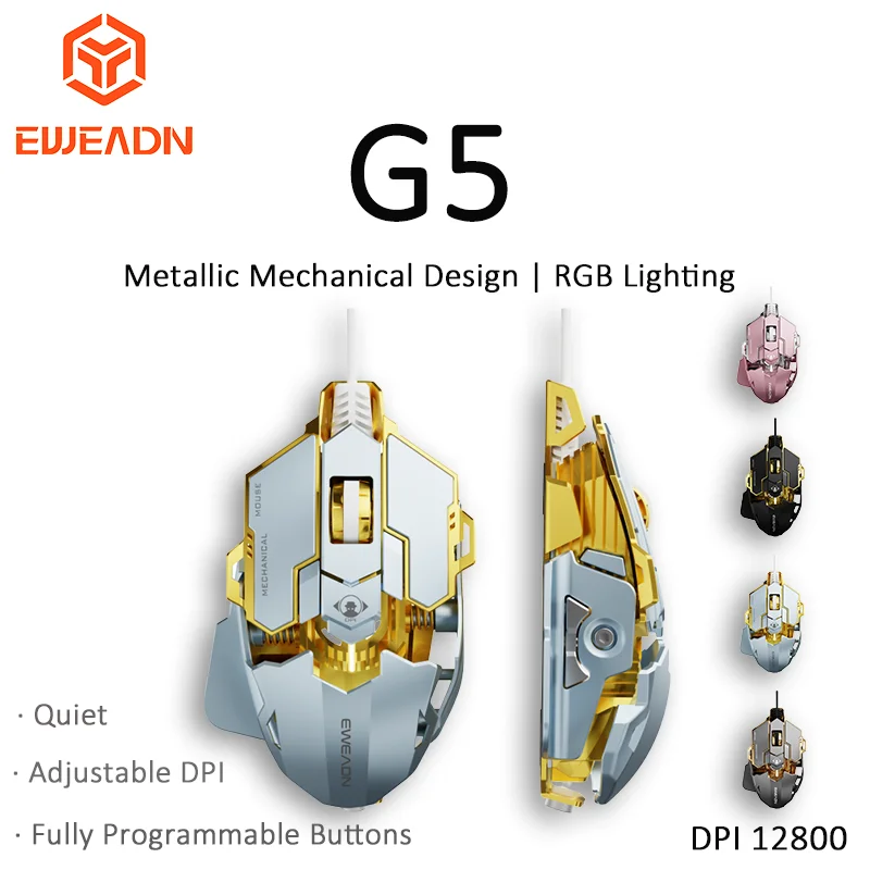 Проводная металлическая бесшумная игровая мышь EWEADN G5 — DPI 12800, механическое ощущение, программируемая макросов для ПК, ноутбука, игр и офиса