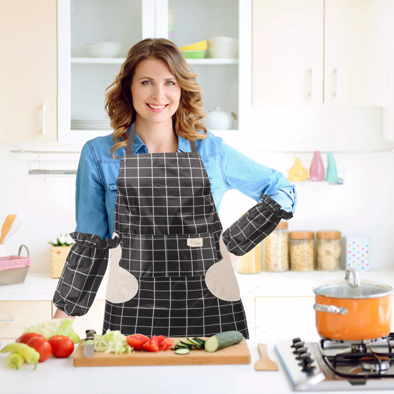 Комплект из 1 водонепроницаемого фартука-рукавника и регулируемого фартука в клетку для женщин и девочек, для приготовления пищи, с защитными рукавами-наперевязками и защитным полотенцем для рук
Комплект из 1 водонепроницаемого фартука-рукавника и регулируемого фартука в клетку для женщин и девочек, для приготовления пищи, с защитными рукавами-наперевязками и защитным полотенцем для рук