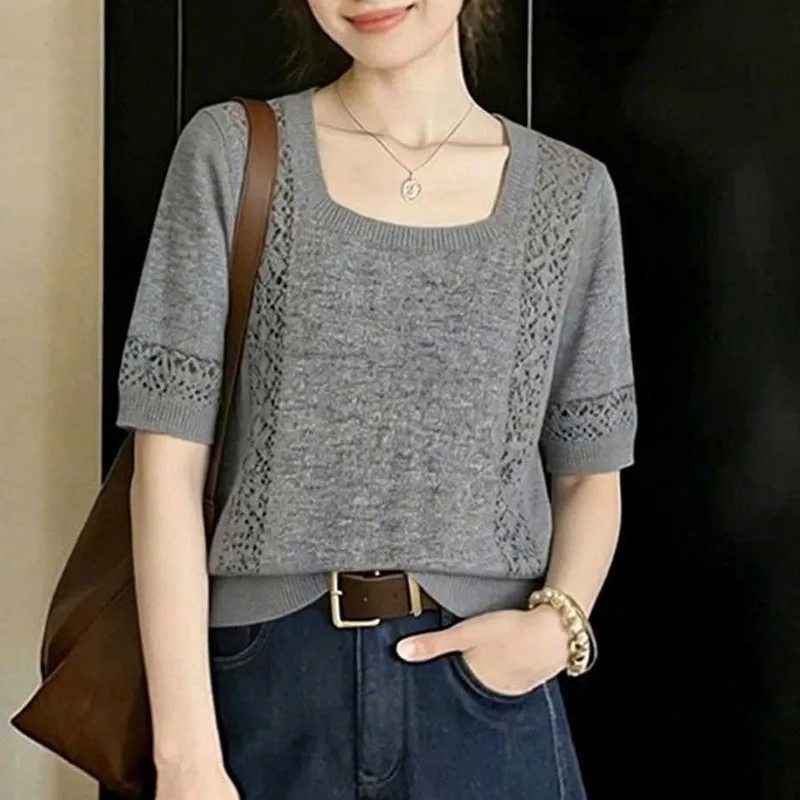 Sweaters New Summer Short Sleeve Knitted Sweater Women Pullovers Square Collar Knit Sweater Pullover Women Tops Knitwears Q3729
Sweaters New Summer Short Sleeve Knitted Sweater Women Pullovers Square Collar Knit Sweater Pullover Women Tops Knitwears Q3729