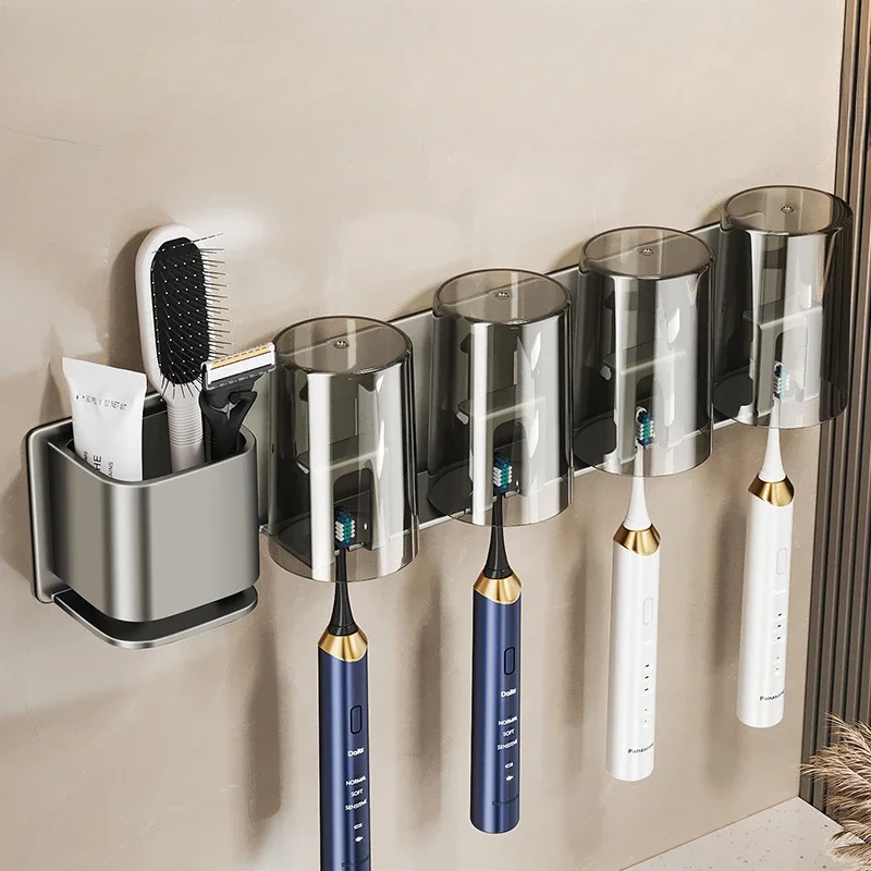 Toothbrush Rack Without Punching Brushing Cup Mouthwash Cup Rack Wall-mounted Bathroom Family Toothbrush Toothbrush Rack 
Toothbrush Rack Without Punching Brushing Cup Mouthwash Cup Rack Wall-mounted Bathroom Family Toothbrush Toothbrush Rack