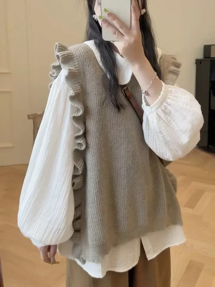 Korobov Chic Fashion Women 2 Sets Vintage Solid Ruffled Sleeve Knitted Vests Sweaters + Casual All Match White Shirt Ropa Mujer
Korobov Chic Fashion Women 2 Sets Vintage Solid Ruffled Sleeve Knitted Vests Sweaters + Casual All Match White Shirt Ropa Mujer